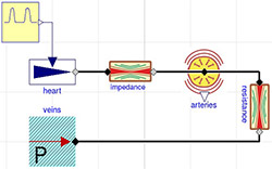 Figure 4. 3-element Windkessel model characterized by impedance (here approximated by conductance = 200ml/(mmHg.s)), compliance component (arteries) C=1.4 ml/mmHg) and resistance with conductance G=1.08 ml/(mmHg.s)