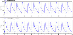 Figure 12. Pressure dynamics in systemic and pulmonary artery simulated in reference model by Fernandez de Canete et al [7]