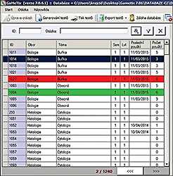 Figure 2. List of questions. A row with the currently selected question is highlighted in blue, incomplete questions in red and questions containing the supplementary picture in green colours