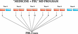 Figure 1. Number of PBL weeks in new MD Program and distribution of cases by semesters